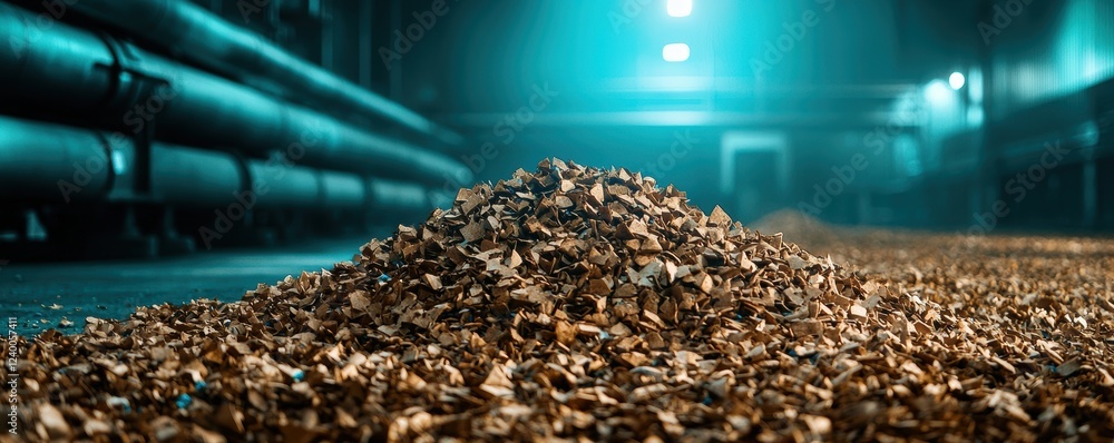 A close-up view of a pile of wood shavings, illuminated in a dimly lit industrial space, highlighting texture and depth. A close-up view of a pile of wood shavings, illuminated in a dimly lit industrial space, highlighting texture and depth.