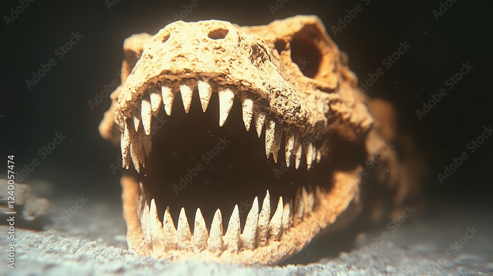 Close-up of a detailed dinosaur skull model, showcasing its sharp teeth and textured surface. A glimpse into prehistoric times. Close-up of a detailed dinosaur skull model, showcasing its sharp teeth and textured surface. A glimpse into prehistoric times.