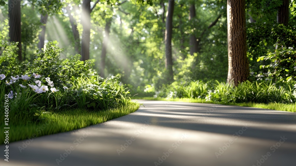 Obraz premium A serene forest path surrounded by lush greenery and soft sunlight filtering through the trees, creating a peaceful natural ambiance.