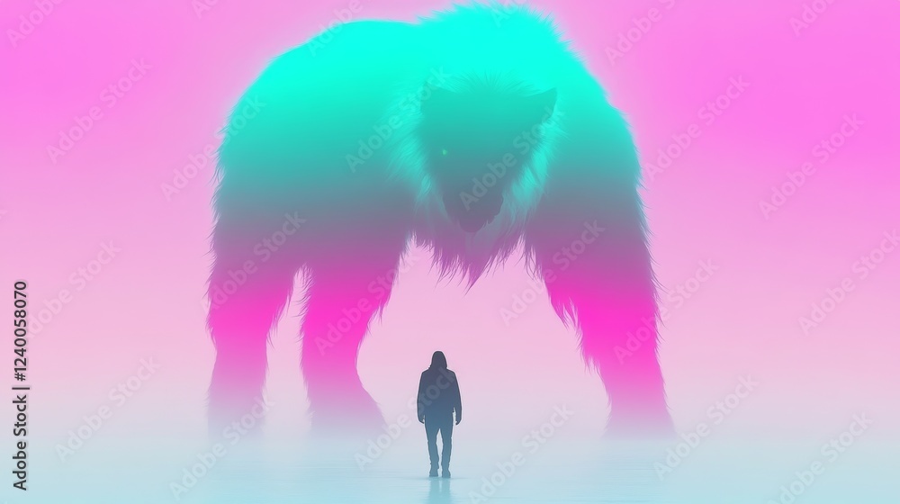 Fototapeta premium A lone figure confronts a colossal, vibrant beast in a surreal, dreamlike landscape. Pink and teal hues dominate the scene, creating a captivating contrast.