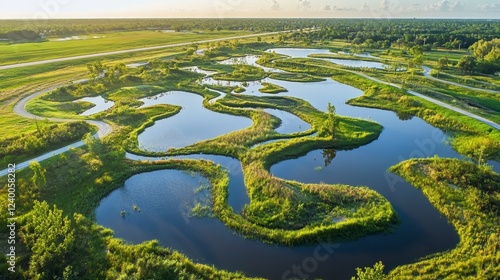 Wallpaper Mural Wetlands aerial photo with winding water channels, vibrant greens, and diverse wildlife habitats Torontodigital.ca
