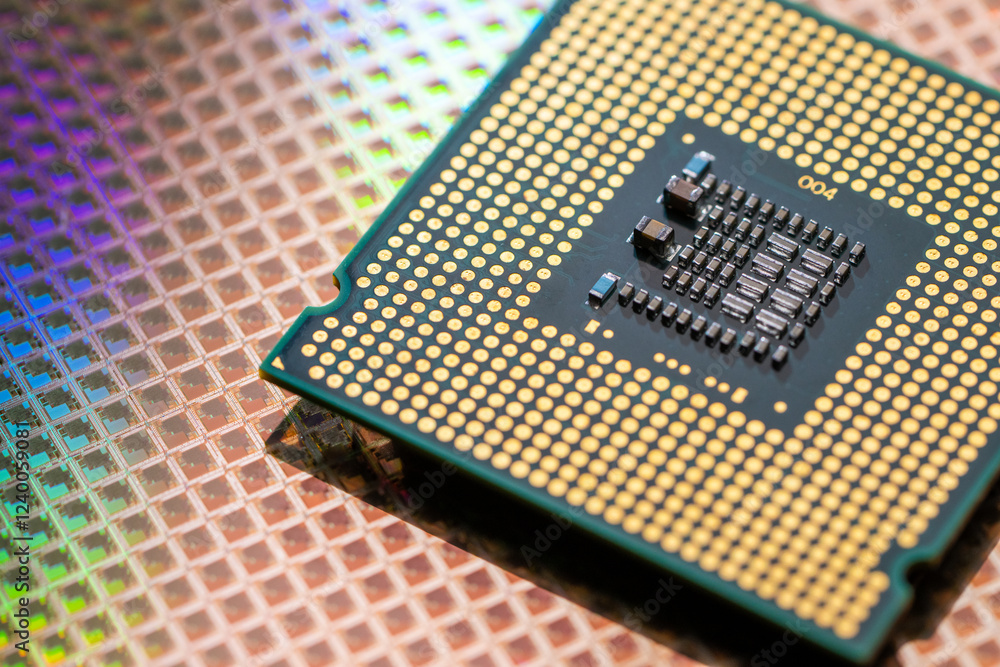 Macro Studio Shot of a CPU Wafer in a High-Tech Laboratory.A highly detailed macro shot of a CPU wafer placed in a laboratory, showcasing the intricate semiconductor design. Macro Studio Shot of a CPU Wafer in a High-Tech Laboratory.A highly detailed macro shot of a CPU wafer placed in a laboratory, showcasing the intricate semiconductor design.