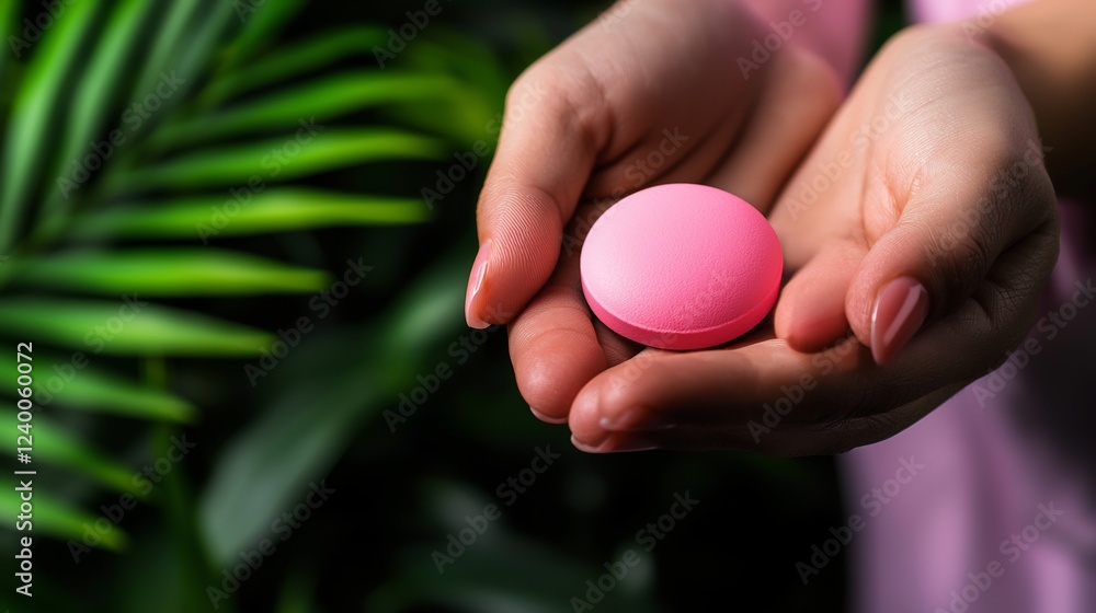 Pink Pill in Woman's Hands Against Lush Green Tropical Foliage Pink Pill in Woman's Hands Against Lush Green Tropical Foliage