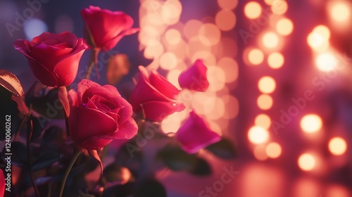 A heartshaped rose with water droplets surrounded by other roses and small glowing hearts