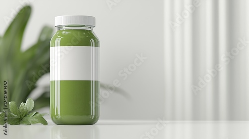 Wallpaper Mural Transparent glass bottle with green natural smoothie inside, fresh herbs nearby. Drink is made of natural organic products, it is healthy and nutritious. Bottle with white paper label mockup Torontodigital.ca