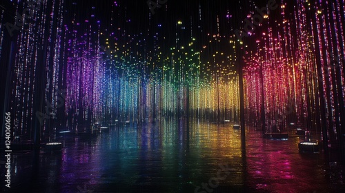 Illuminated Rainbow Light Pillars Reflecting in Water