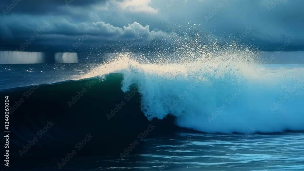 A dramatic ocean wave captured under dark, stormy skies A dramatic ocean wave captured under dark, stormy skies
