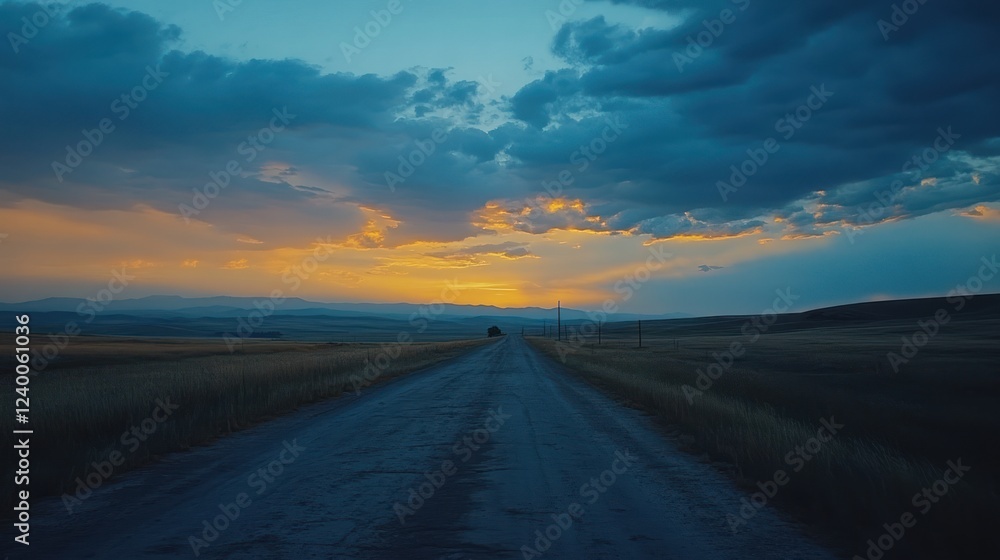 Naklejka premium Long road through the fields at sunset with orange clouds and mountain view