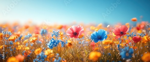 Vibrant wildflower meadow under clear blue sky with sunlight and bokeh lights for floral summer background photo