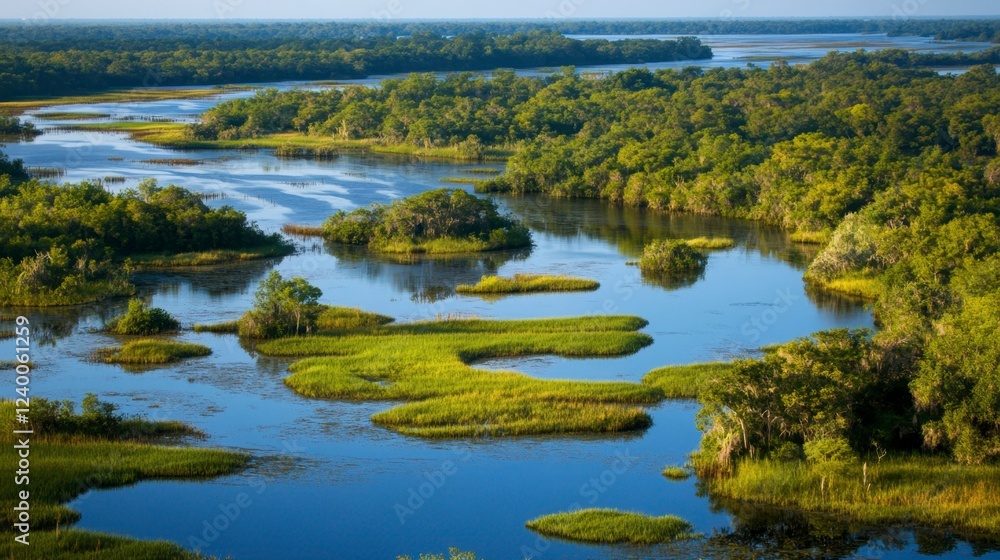 Wetlands captured from above with reflective water surfaces and dense patches of greenery Wetlands captured from above with reflective water surfaces and dense patches of greenery
