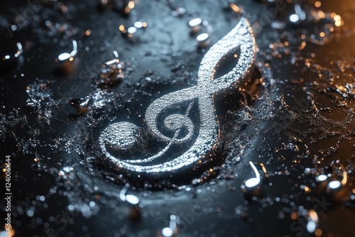 Silver Treble Clef with Floating Musical Notes on Black Background photo