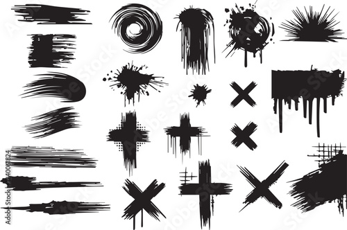 Paint brush, ink splatter, crosses, stains and paint strokes. Set of ink grunge paintbrush strokes and splash of paints. Artistic textures collection. Dirty vector design elements, backgrounds 
