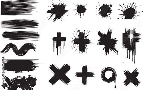 Paint brush, ink splatter, crosses, stains and paint strokes. Set of ink grunge paintbrush strokes and splash of paints. Artistic textures collection. Dirty vector design elements, backgrounds 