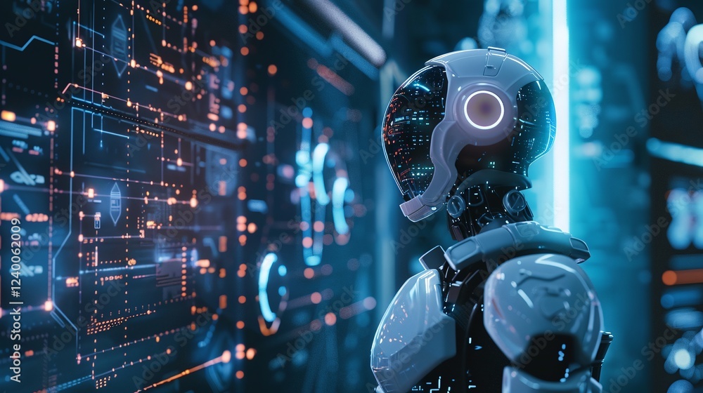 Futuristic AI powered cyborg robot analyzing and visualizing complex digital data in an illuminated high tech urban landscape Concept of future technology automation and intelligence Futuristic AI powered cyborg robot analyzing and visualizing complex digital data in an illuminated high tech urban landscape Concept of future technology automation and intelligence