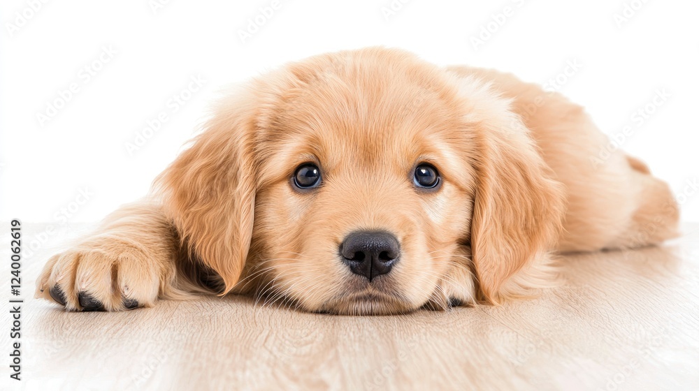 Golden Retriever puppy lying on floor, white background Golden Retriever puppy lying on floor, white background