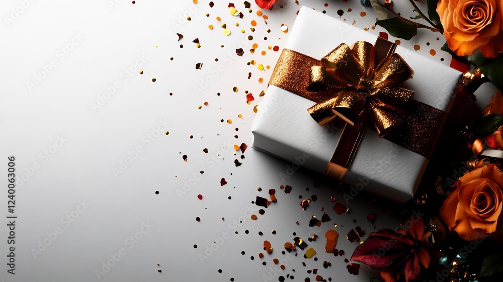 Elegant Gift Box with Golden Bow and Festive Confetti Elegant Gift Box with Golden Bow and Festive Confetti