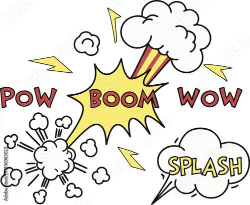 Cartoon comic burst elements with dynamic action lines, speech bubbles, and explosive effects. Hand-drawn doodle style featuring motion streaks, impact waves, and expressive sound words.