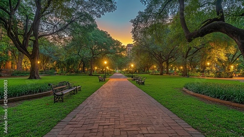 Fototapeta Naklejka Na Ścianę i Meble -  Twilight park path, city backdrop, benches, tranquility