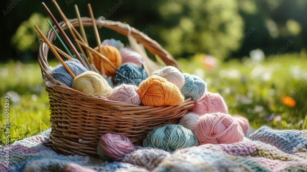 Yarn and Knitting Supplies in a Sunny Garden, a vibrant scene featuring a basket filled with colorful yarn on a picnic blanket in a lush outdoor setting
