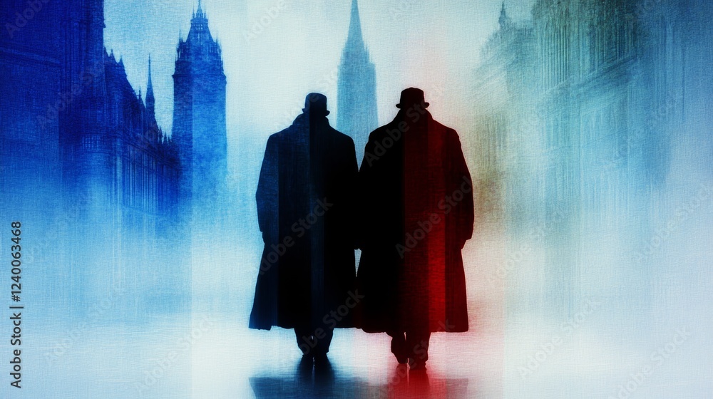 Two men in long coats walk away from the camera in a city. Blue and red tones create a dramatic effect. Two men in long coats walk away from the camera in a city. Blue and red tones create a dramatic effect.