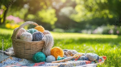 Yarn Haven in the Sun, a cozy scene of vibrant yarn, knitting tools, and a picnic blanket set in a sunny garden oasis