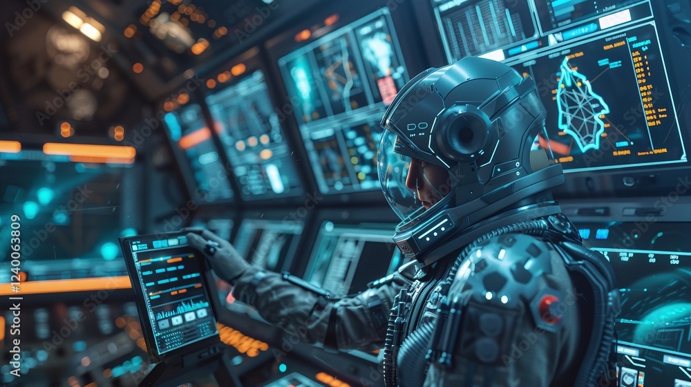 Fototapeta premium Futuristic style dashboard with holographic data display advanced digital interface and high tech command and control system in a modern industrial workspace setting