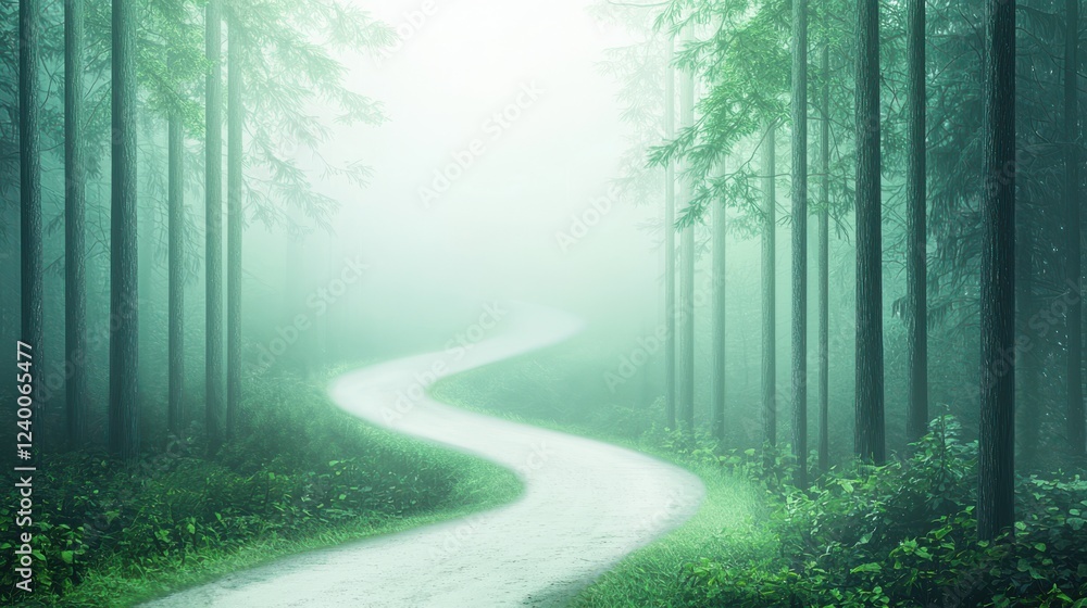 Obraz premium Serene Winding Path Through Misty Forest Landscape