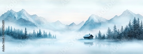 Wallpaper Mural Serene Winter Landscape with Misty Mountains and Cabin Torontodigital.ca