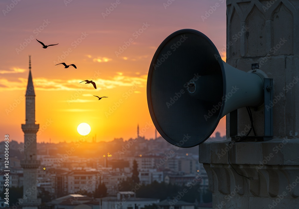 Sunrise over a City, Mosque and a Public Address System Sunrise over a City, Mosque and a Public Address System