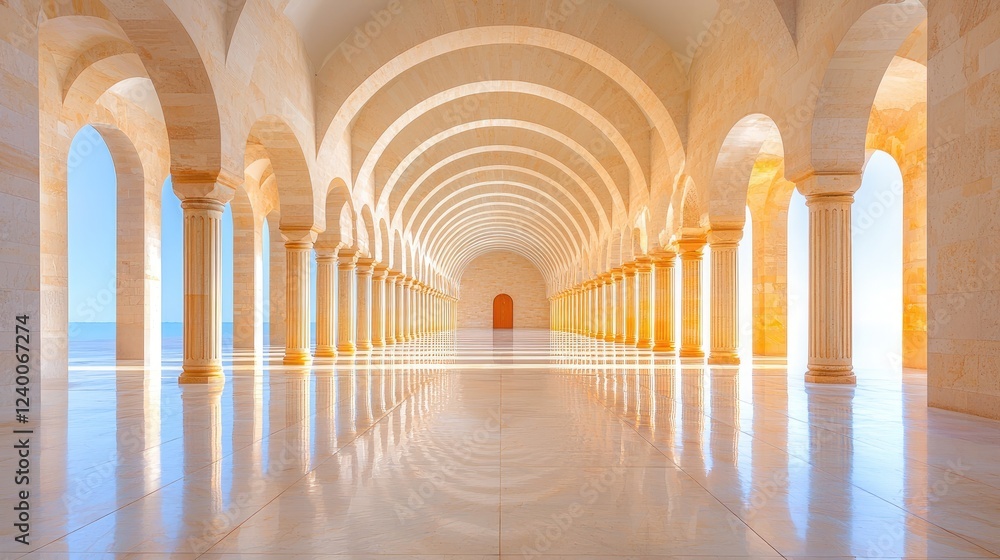 Coastal Colonnade Sunlit arches, ocean view, tranquil space Coastal Colonnade Sunlit arches, ocean view, tranquil space