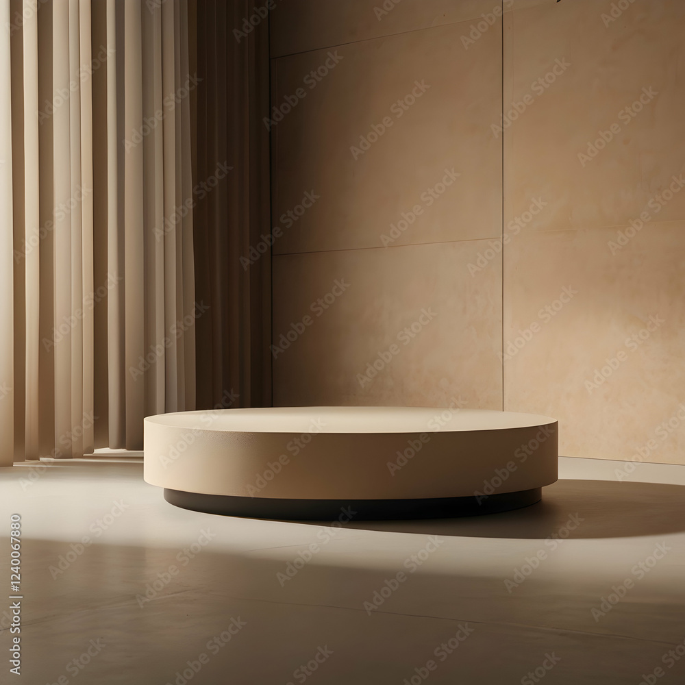 A beige product podium featuring a minimalist cylinder-shaped stage as the central design element. The podium should be simple and modern, with smooth, matte textures and clean edges. A beige product podium featuring a minimalist cylinder-shaped stage as the central design element. The podium should be simple and modern, with smooth, matte textures and clean edges.