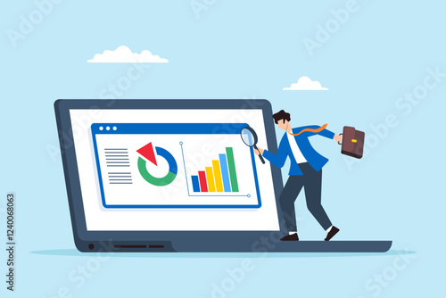 Flat illustration of businessman analyze data on laptop with magnifying glass symbolizing market research and SEO analytic