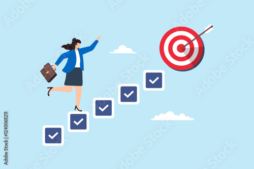 Flat illustration of smart businesswoman walk up checklist staircase to achieve bullseye target symbolizing personal development for career success