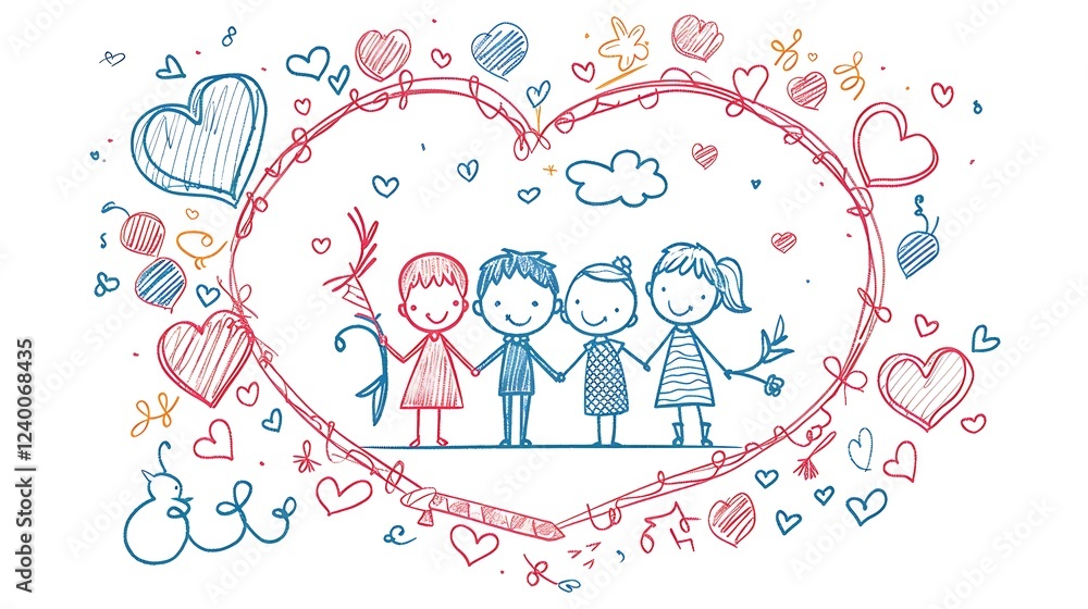 A fun and playful Valentine's Day drawing of kids holding hands in a heart-shaped frame, with doodle-style elements like arrows, clouds, and tiny hearts enhancing the love-filled theme, 8k UHD, A fun and playful Valentine's Day drawing of kids holding hands in a heart-shaped frame, with doodle-style elements like arrows, clouds, and tiny hearts enhancing the love-filled theme, 8k UHD,