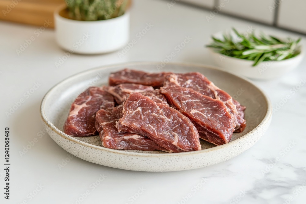 Slices of Raw Beef Steaks Ready for Cooking on a White Plate with Fresh Herbs in Background Slices of Raw Beef Steaks Ready for Cooking on a White Plate with Fresh Herbs in Background