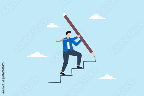 Flat illustration of businessman use pencil to draw stair symbolizing building career path to achieve success