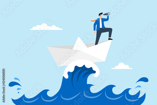 Flat illustration of businessman leader look through binocular on ship in stormy ocean symbolizing navigating challenge with vision