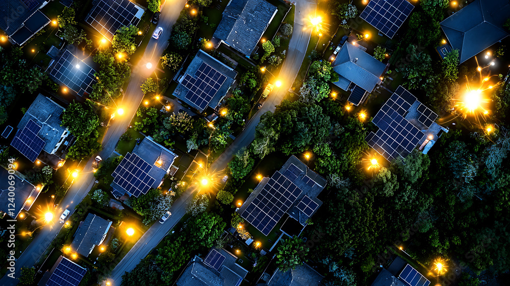 Aerial view of suburban neighborhood with solar panels and street lights illuminating area at night Aerial view of suburban neighborhood with solar panels and street lights illuminating area at night