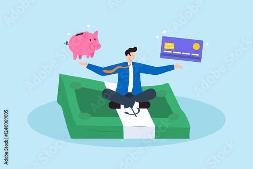 Flat illustration of ambitious man meditate on banknote with credit card and piggy bank symbolizing financial discipline and wealth building