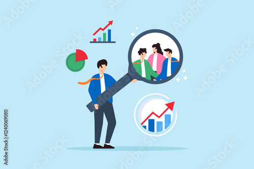 Flat illustration of businessman examine large magnifier over customer group symbolizing research for marketing insight
