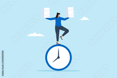 Flat illustration of productive woman balance on clock while managing task paper stack symbolizing time management and efficiency