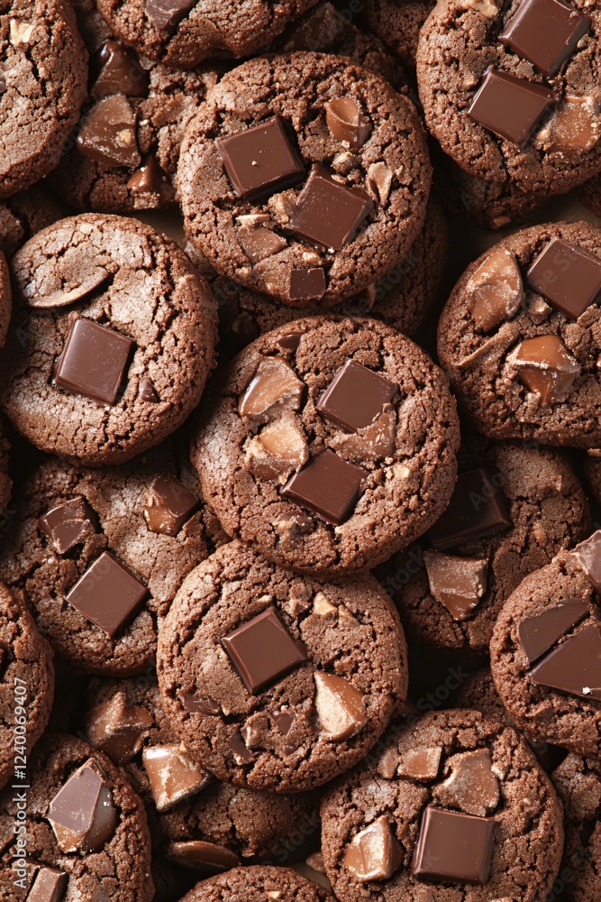 Rich dark chocolate cookies with chunks on a textured surface for a delicious treat Rich dark chocolate cookies with chunks on a textured surface for a delicious treat