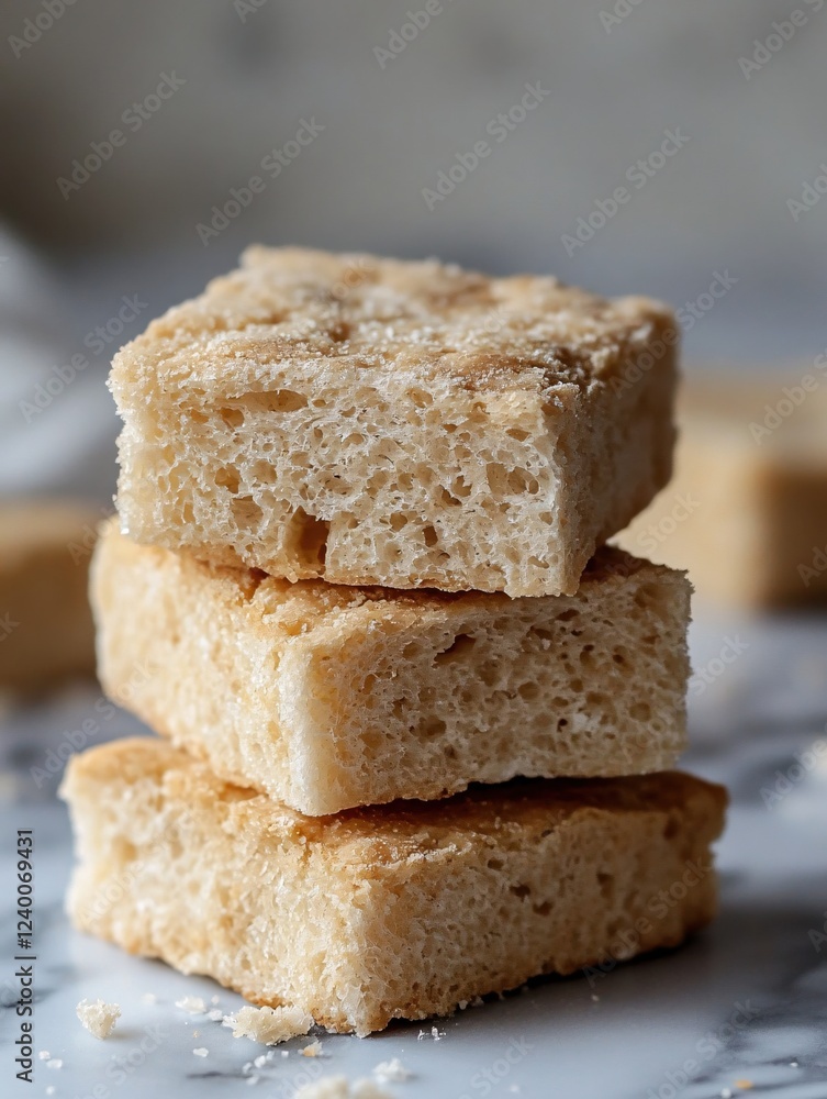 Stack of Three Soft Textured Brown Sugar Shortbread Squares on a Marble Surface Close Up Stack of Three Soft Textured Brown Sugar Shortbread Squares on a Marble Surface Close Up