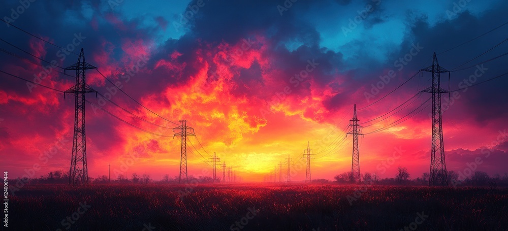 Naklejka premium Surreal Power Lines and Towers with Electric Arcs Against Dark Sky and Bright Horizon