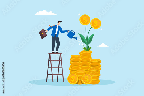 Flat illustration of businessman watering stack of coin growing money plant symbolizing mutual fund and wealth investment