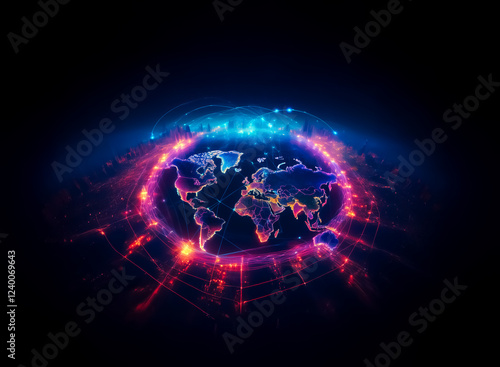 Wallpaper Mural A vibrant, glowing digital world map encircled by a network of interconnected nodes, pulsating with energy.  The colors are predominantly blue, red, and purple, creating a futuristic, technological ae Torontodigital.ca