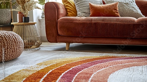 Cozy living room with rainbow rug, autumnal decor, and plush sofa photo