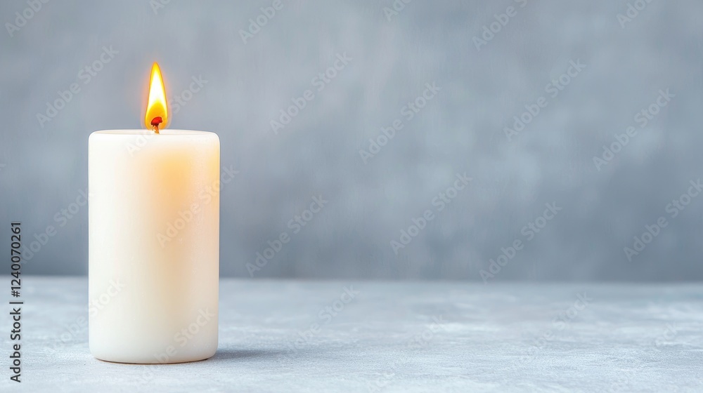 Lit candle on grey surface, calm background, meditation, relaxation Lit candle on grey surface, calm background, meditation, relaxation