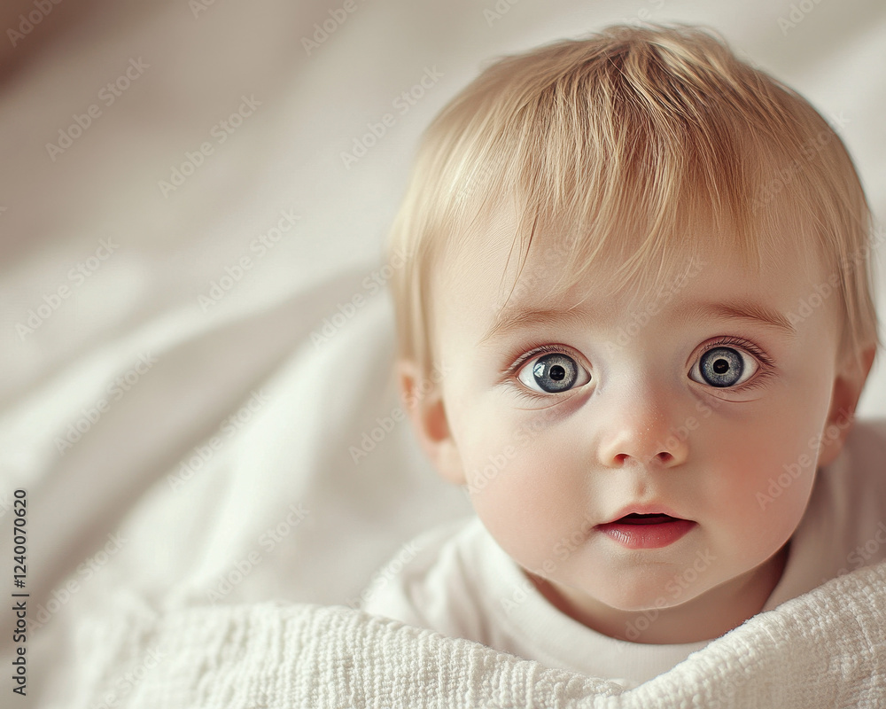 Adorable Baby with Big Blue Eyes on Soft Blanket, Close-up Portrait Photograph Capturing Infant Innocence and Curiosity, Perfect for Family and Parenting Themes. Adorable Baby with Big Blue Eyes on Soft Blanket, Close-up Portrait Photograph Capturing Infant Innocence and Curiosity, Perfect for Family and Parenting Themes.