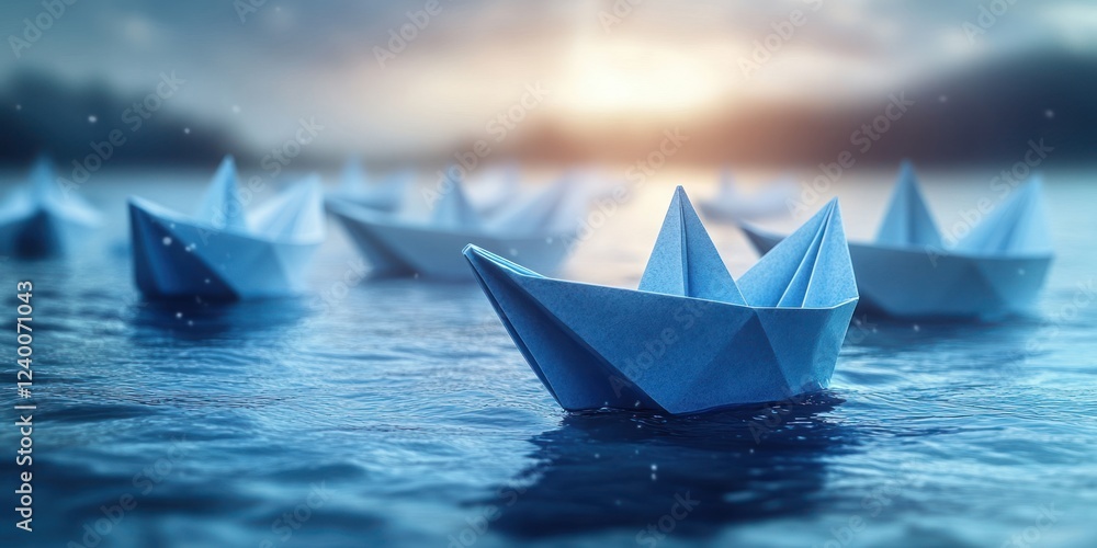Obraz premium Leader Blue Paper Boat Leading White Fleet in Direction of Future Success and Achievement